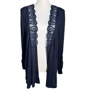 SKIES ARE BLUE Women's Large Navy Blue Lace Trim Open Front Cardigan Lightweight